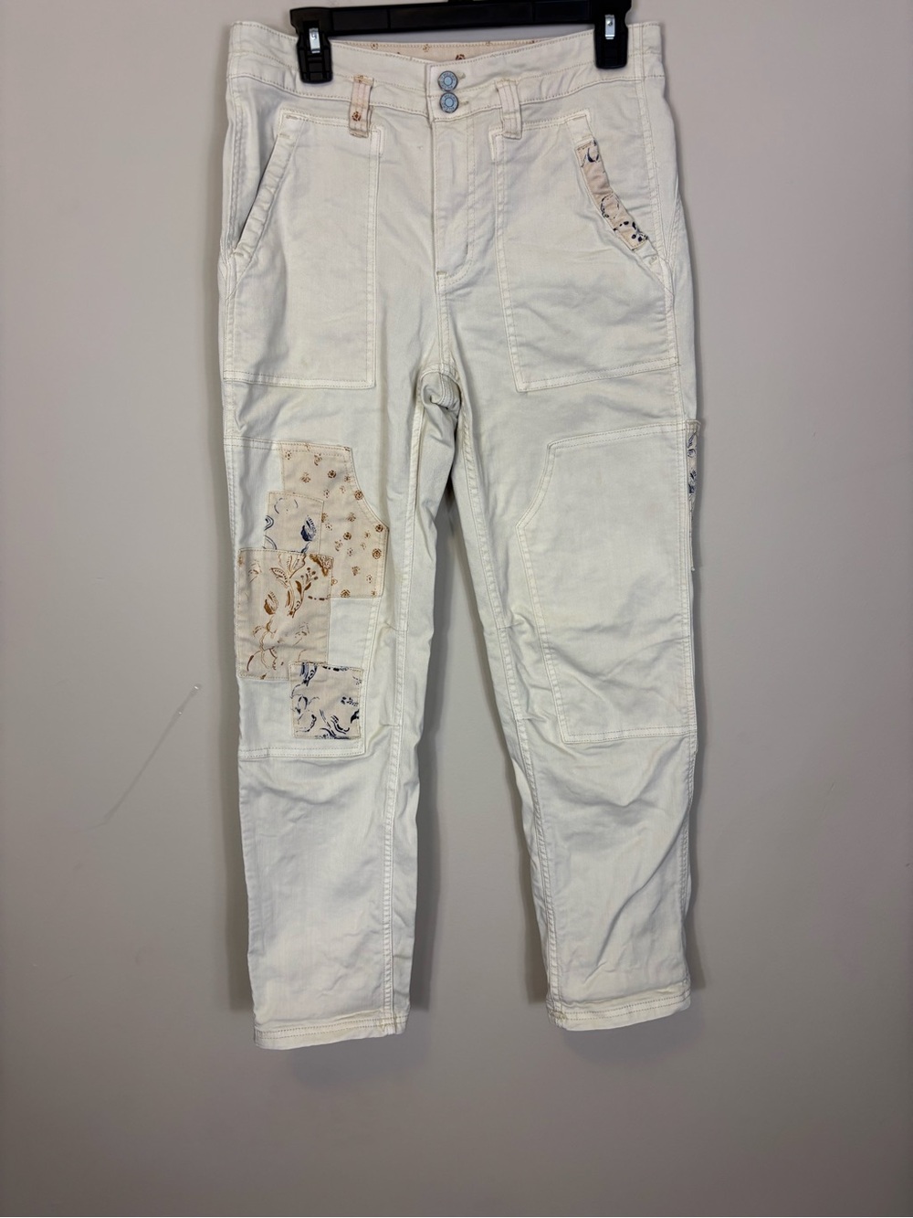Anthropologie Pilcro White Patchwork Utility Pants with Floral Accents 27